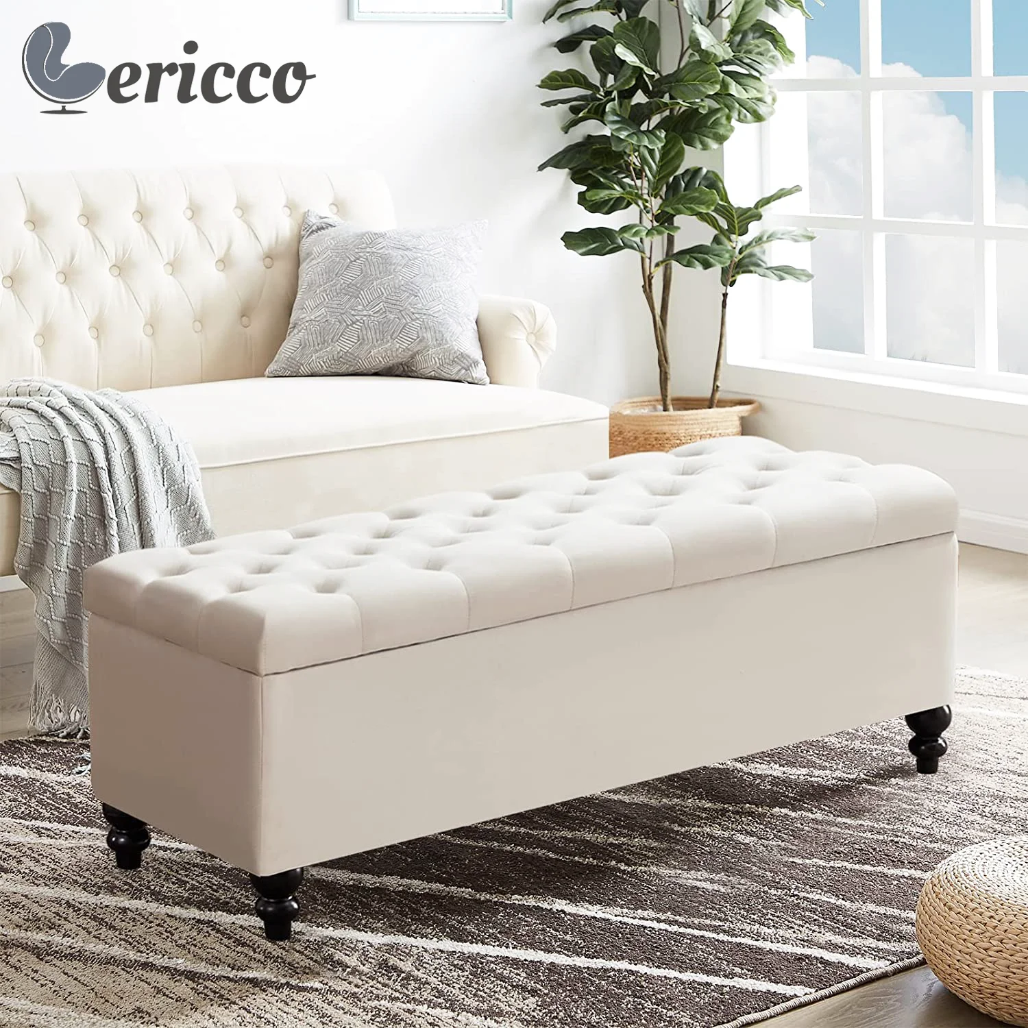 GERICCO 51-inch Storage Ottoman Button-Tufted Ottoman with Rivet Large Storage Ottoman Bench Upholstered Stools for Living Room