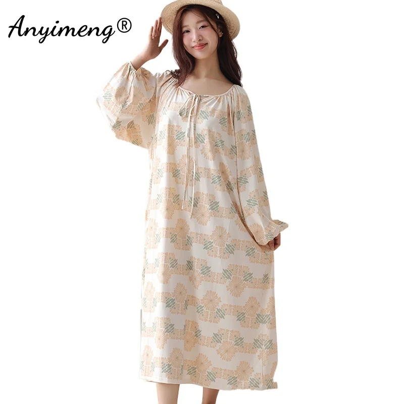 Spring Elegant Women Nightgowns Vintage Court Style Lady Dress Autumn Faux Cotton Nightdress Leisure Gorgeous Long Sleepshirt