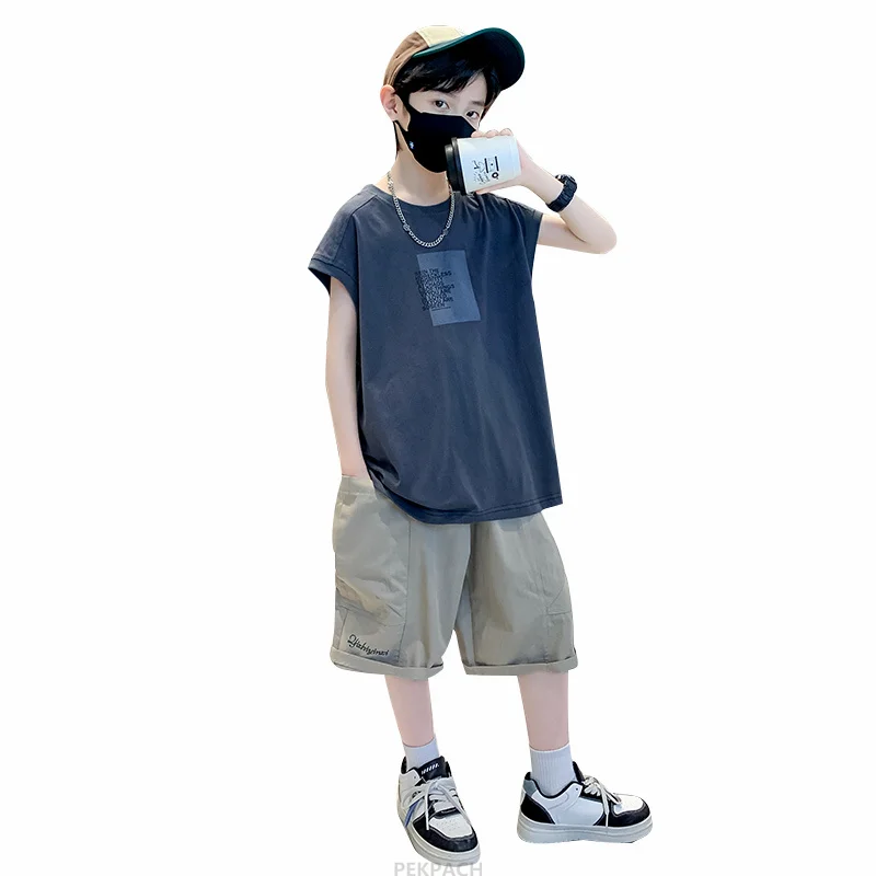 Boys Summer Set 2PCS New Casual Cotton Vest & Shorts 2 Piece Clothing Suit Kids Teenager Luxury Clothes Tracksuit Garment 5-14Y