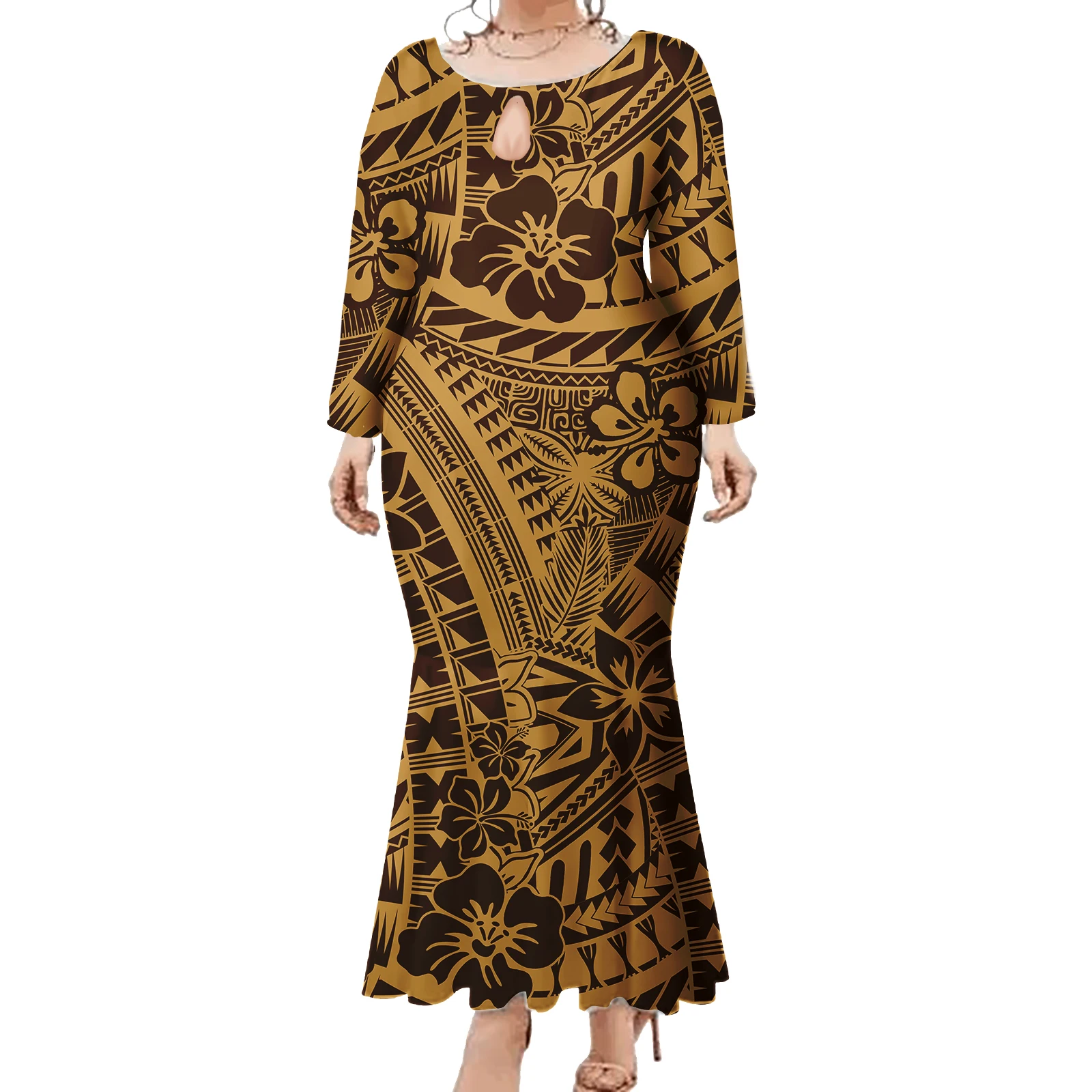 Custom Casual เสื้อผ้ากระโปรงลูกเรือคอชุดเกาะชุดยาว Polynesian Tribal Elegant ผู้หญิงชุด