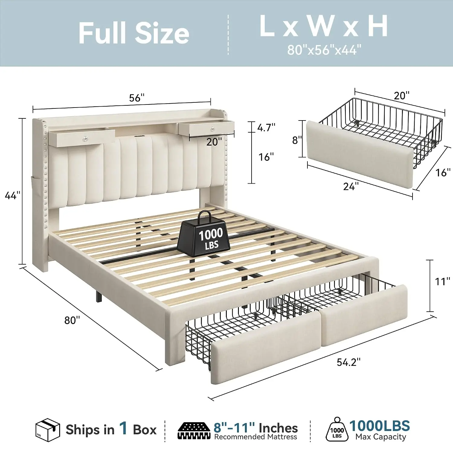 Full Size Bed Frame 2-Tier Storage Headboard 4 Drawers Soft Linen Upholstered Platform, Customized