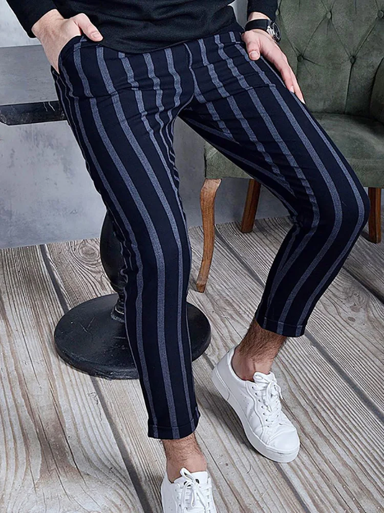 Business Men Office Classic Stripe Print Slim Pants England Style Casual Pockets Trousers New Streetwear Gentleman Pencil Pants