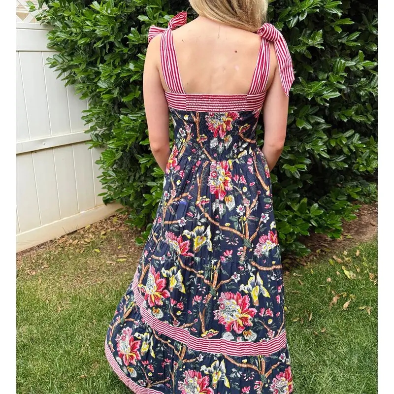 Combhasaki Women Summer Boho Wide Straps Bow Tied Shoulder Straps Square Neck Floral Striped Print Swing A-line Tank Long Dress