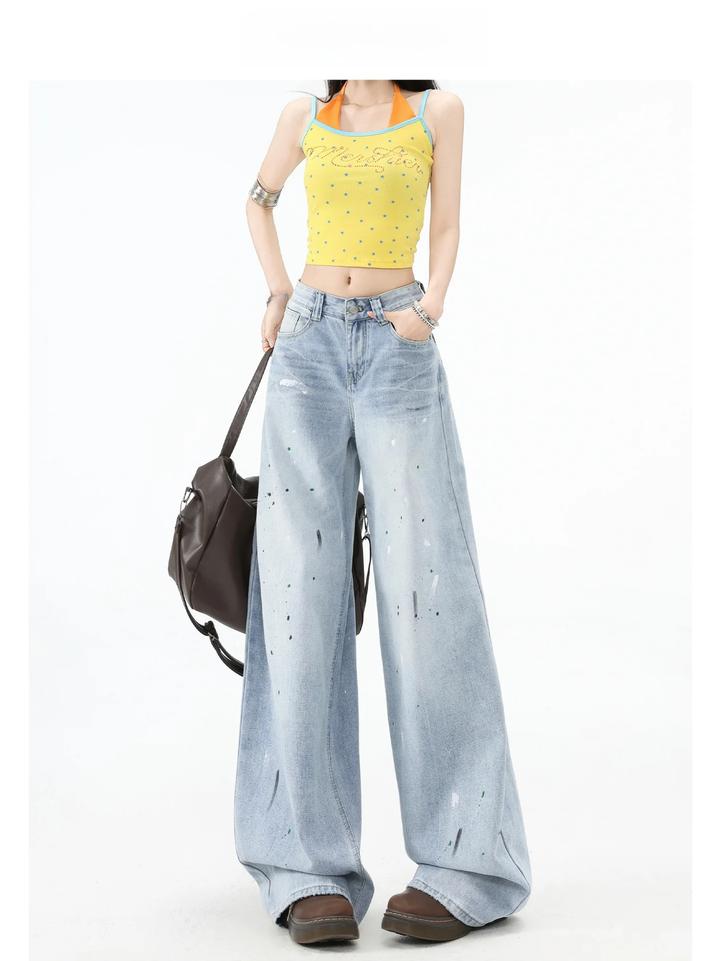 Calça Jeans Feminina Forever 21 Americana Retrô de Cintura Alta com Perna Larga, Caimento Solto e Corte Reto, Jeans Azul Casual de Cintura Alta