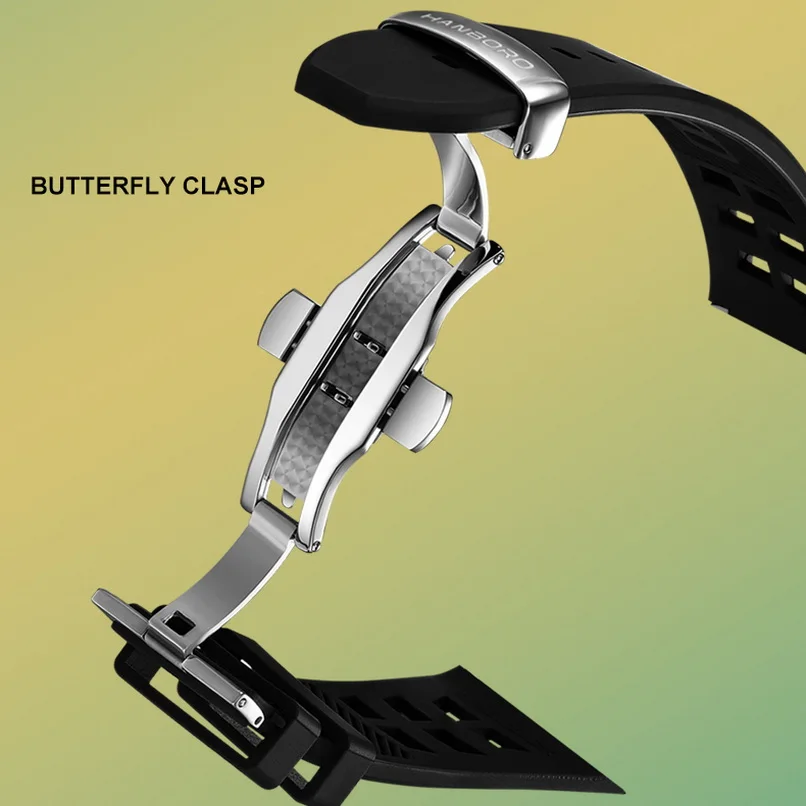 HANBORO ผู้ชายนาฬิกาอัตโนมัติ 43.6 มม.VINTAGE Mechanical นาฬิกาข้อมือ Luminous เคลือบแกะสลักทาสี Mountain Skeleton Dial