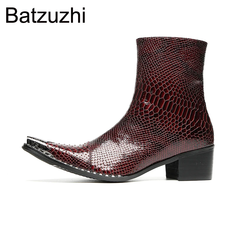 

Batzuzhi Brown Croco Pattern Leather Ankle Boots for Man Fashion Knight Boots Man with Iron Toe 6.5cm Heels， Big Sizes 38-46