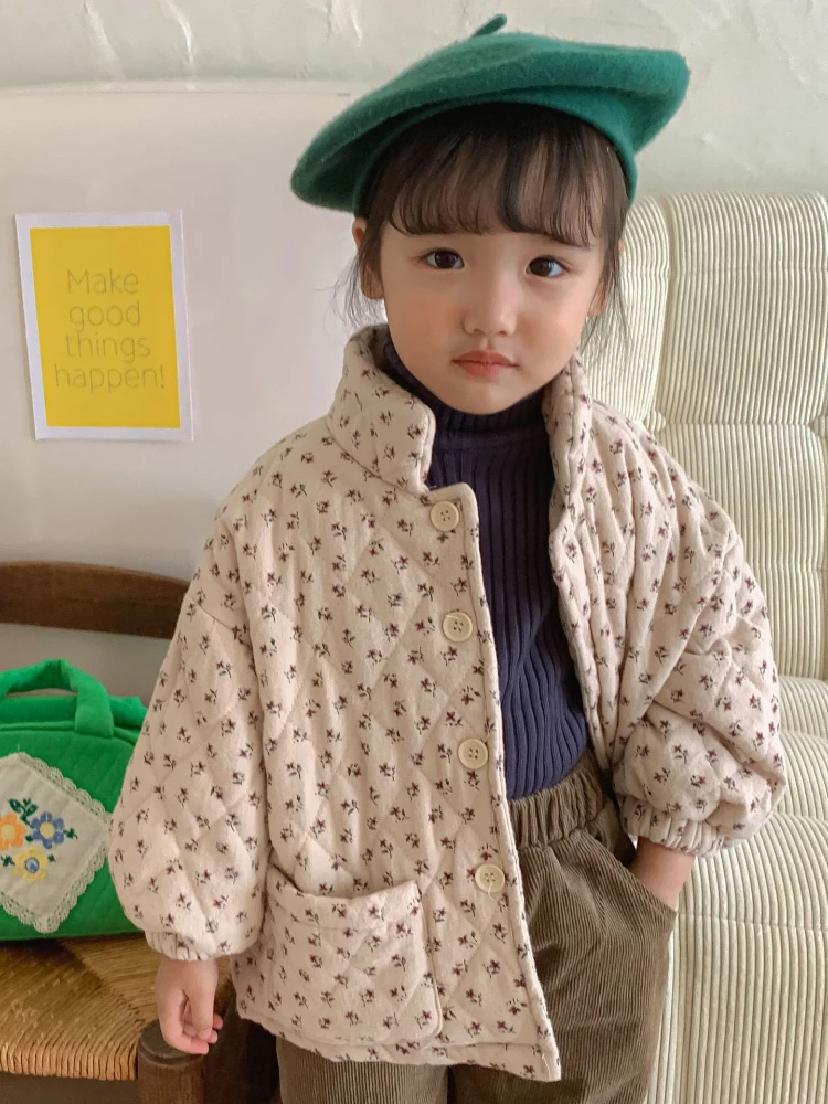 Infant Padding Baby Quilted Jacket for Girl Girls Winter Coat Parka Flower Printed Kids Casual Warm Cotton Outerwear & Coats