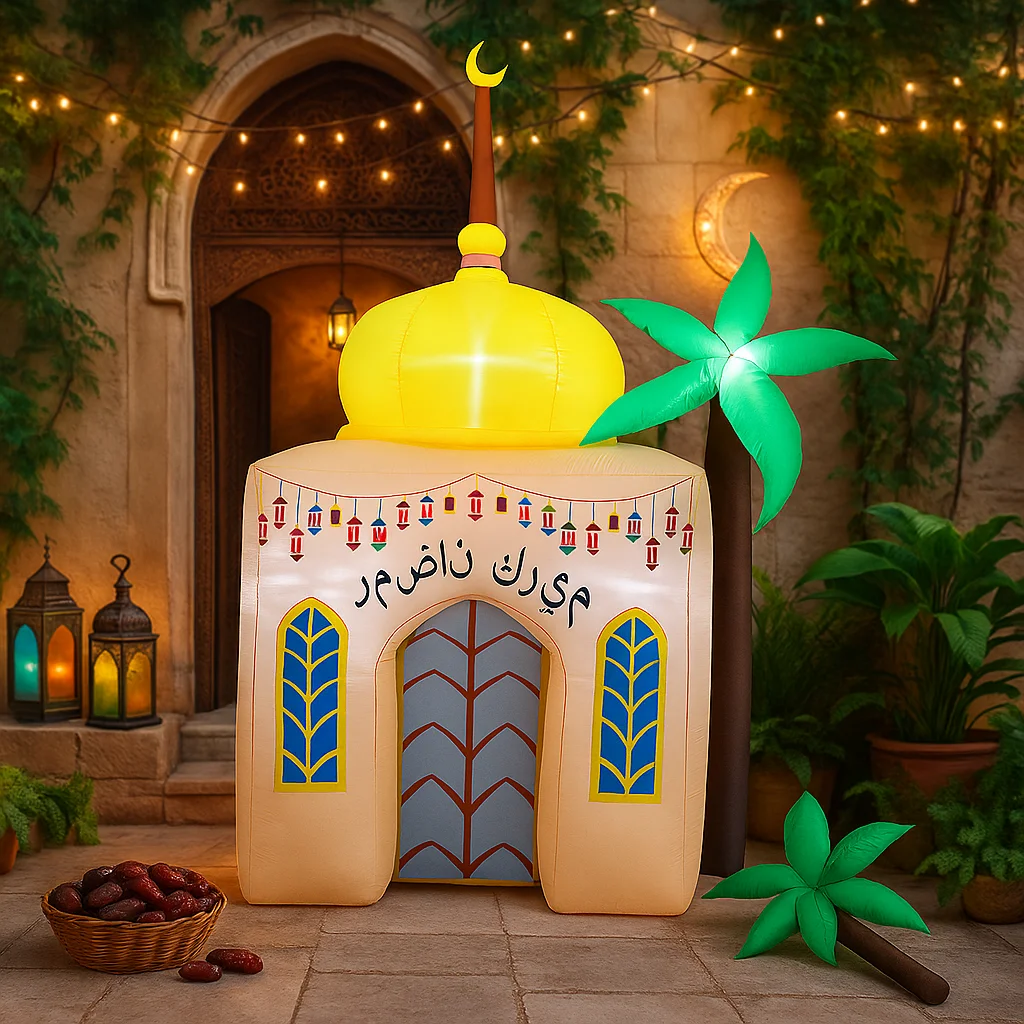Jouet gonflable de 7,8 pieds, décor de mosquée gonflable du Ramadan, texte du Ramadan Kareem, dôme jaune, palmier vert, gonflable islamique du Ramadan