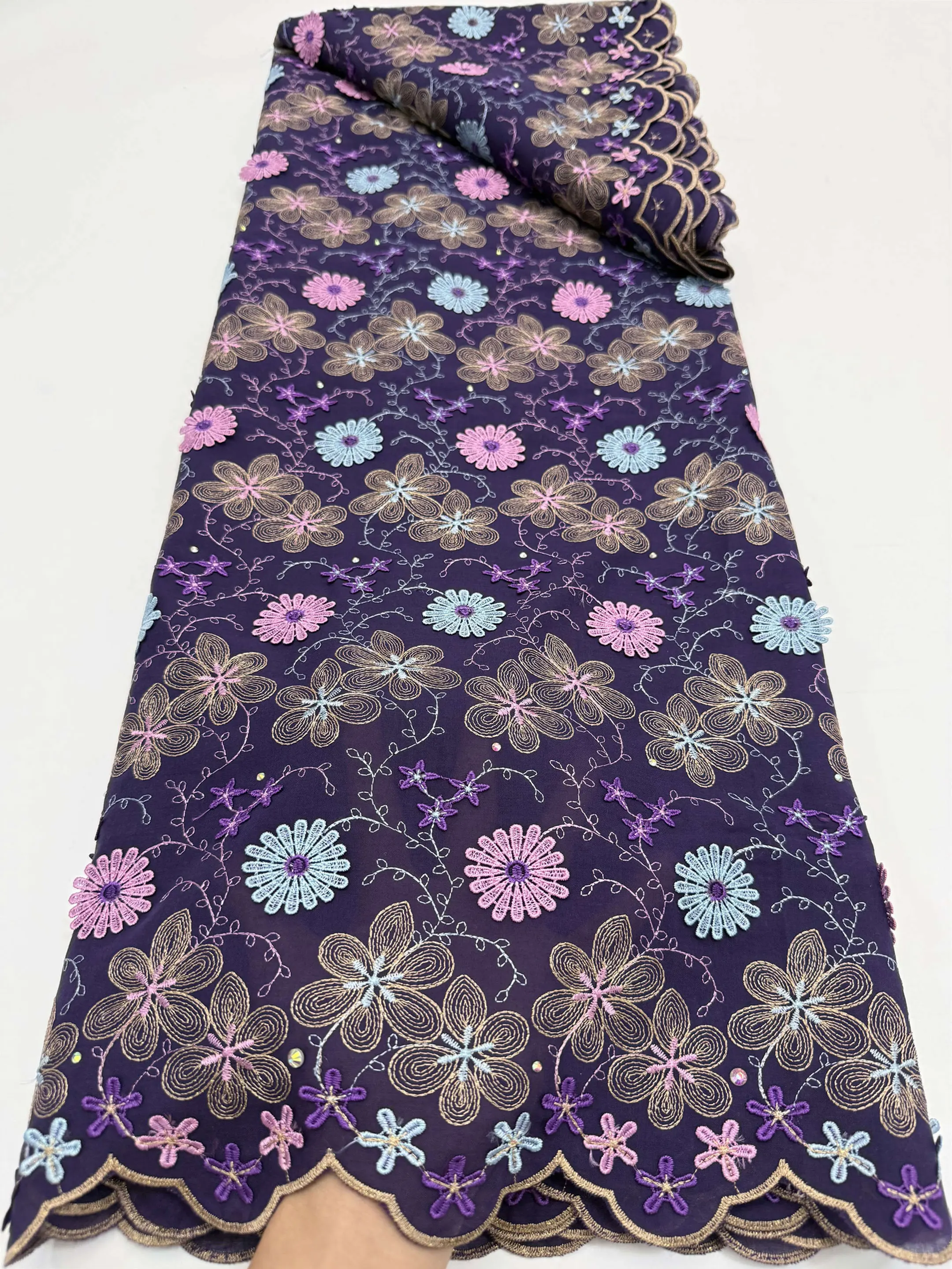 Nigerian 3D Big Stones Embroidered Cotton Lace Fabric Original Swiss Voile High Grade Material Wedding Celebrant Outfit Sewing