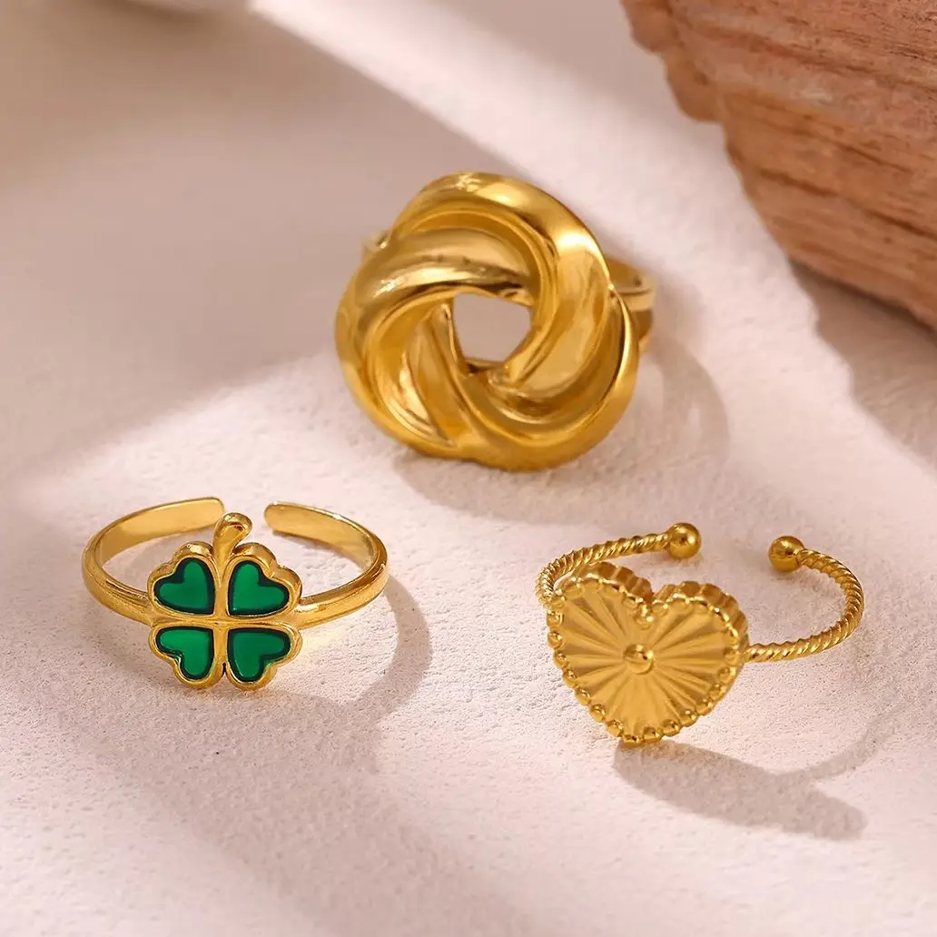 Sommerlicher wasserdichter Herzring für Damen, romantischer Tropfenöl-Vierblattblumen-Ring, Edelstahlringe, eleganter Partyschmuck, Geschenk