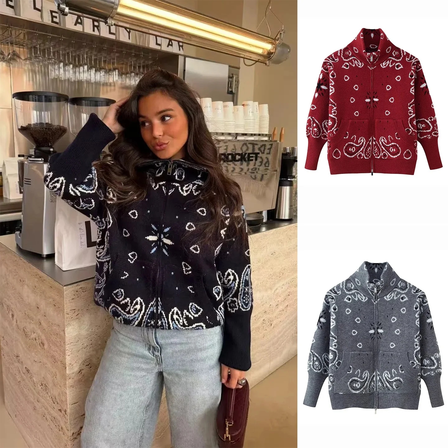 

Весенняя новинка: Женский простой свободный вязаный кардиган с длинными рукавами, декорированный молнией, с воротником-стойкой, на молнии, в стиле пальто