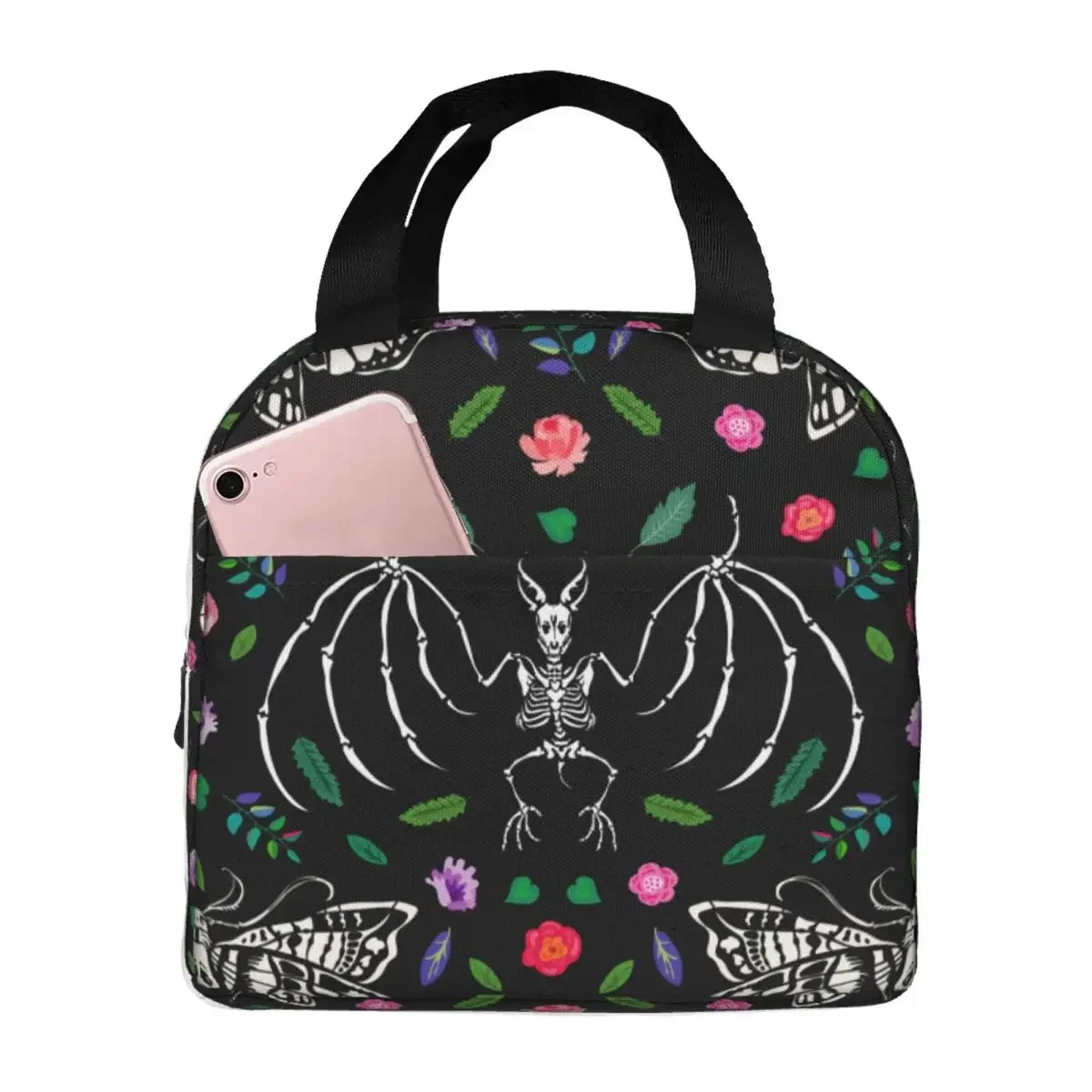 Dead Head Butterflies Skeletons Bats Flowers Lunch Bags Portable Insulated Cooler Thermal Food Picnic Travel Tote for Women Girl