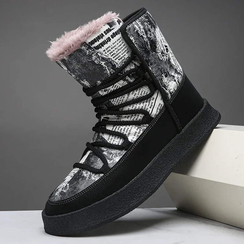 Black White Fluffy Ankle Boots Winter Fashion Snow Boots Warm Cotton Shoes Thick Sole Men Down Waterproof Snow Boots for Women
