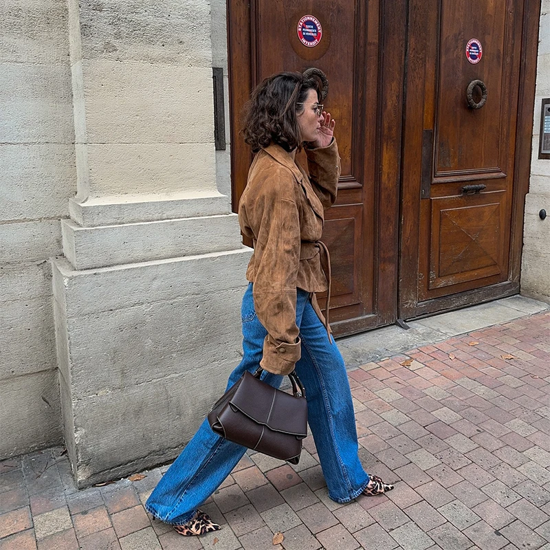 

Versatile Vintage Brown Jacket Lapel Loose Casual-chic Stylish Timeless Short Jackets Autumn Trend Cool Edgy Women's Streetwears