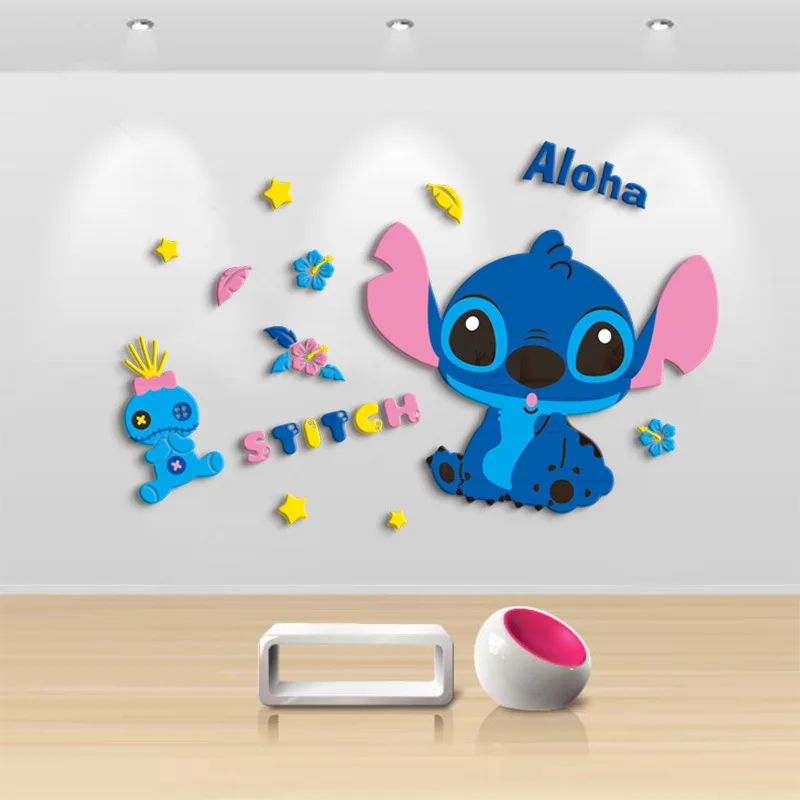 Disneys Stitch Wall Sticker DIY Self-assembly Cartoon Anime Kawaii Stitch 3D Acrylic Wall Stickers Kids Bedroom Wall Home Decor