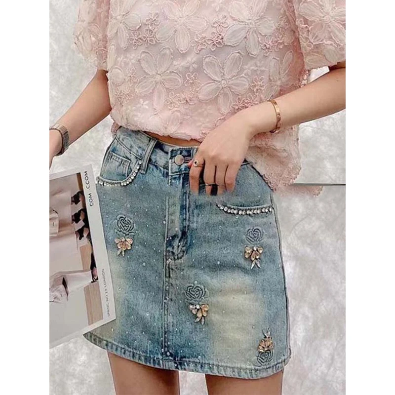 Diamond-mounted Denim Skirt 2026 Summer American Style Slim-looking A-line Skirts Sweet Blue Zipper Pockets Woman Clothes