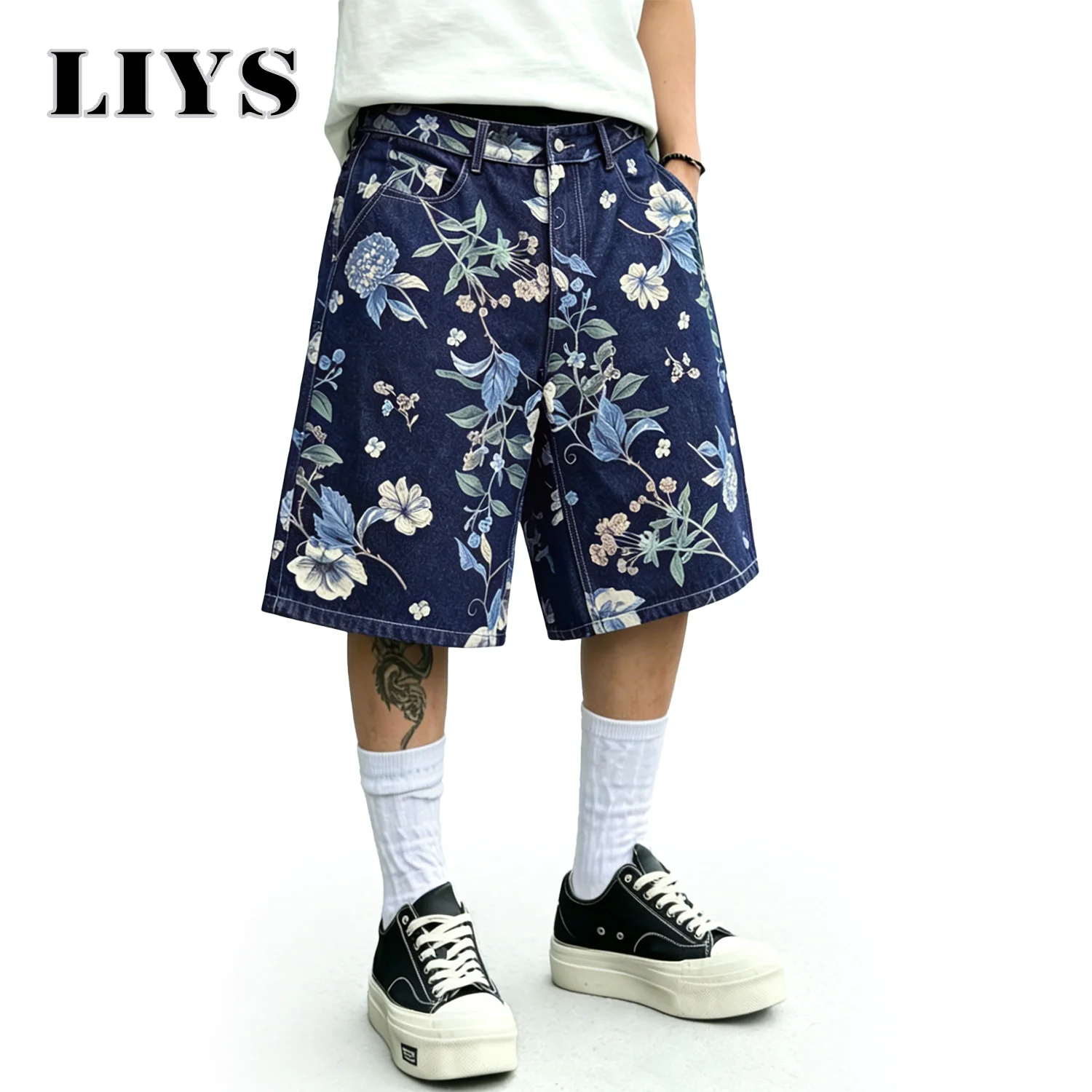 LIYS Japanese Korean Floral Print Jacquard Baggy Wide-leg Jeans Shorts American Street Fashion Shorts Elegant College Style