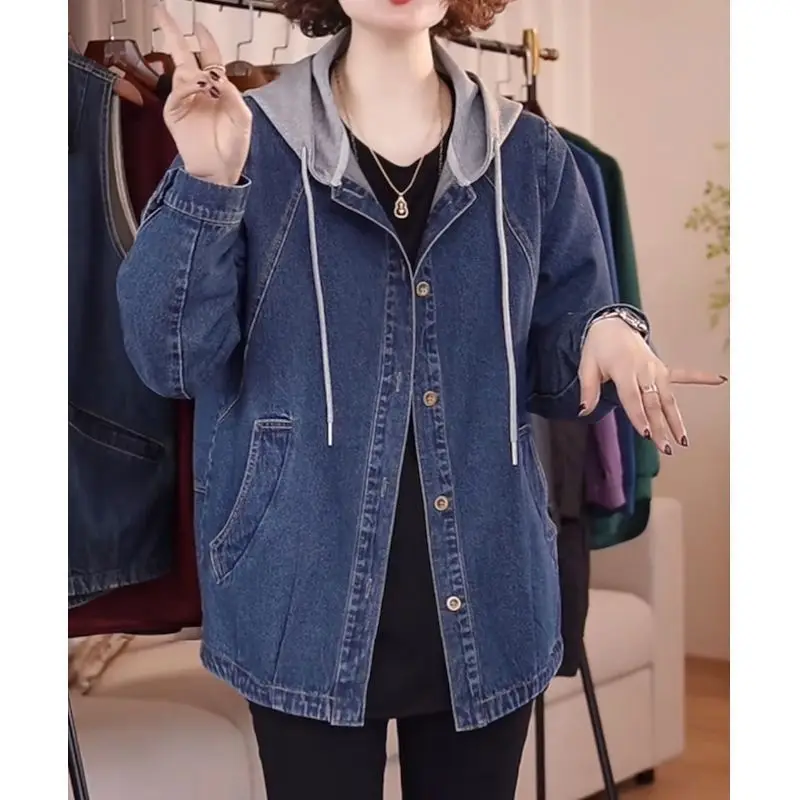 European High-Quality Denim Jacket Women Spring Autumn 2026 New Hooded Cowboy Coat Plus Size Fashion Jeans Outerwear Ladies Tops