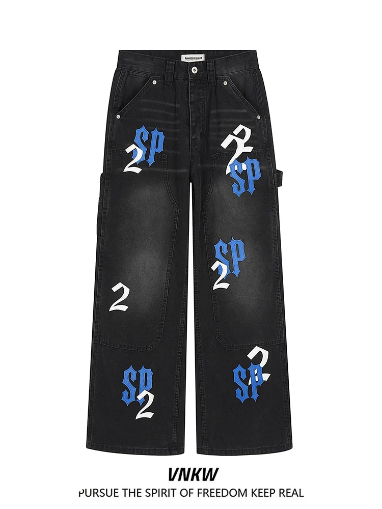 

Ретро-джинсы в американском стиле, свободные, прямые, широкие брюки с вышитой нашивкой для мужчин и женщин