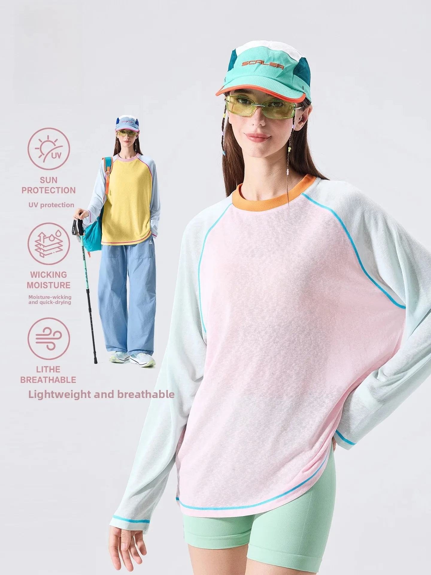 LAZY DAY Outdoor Lightweight Color Block Breathable Long Sleeve T-Shirt Women Summer Hiking Loose Casual Thin Top