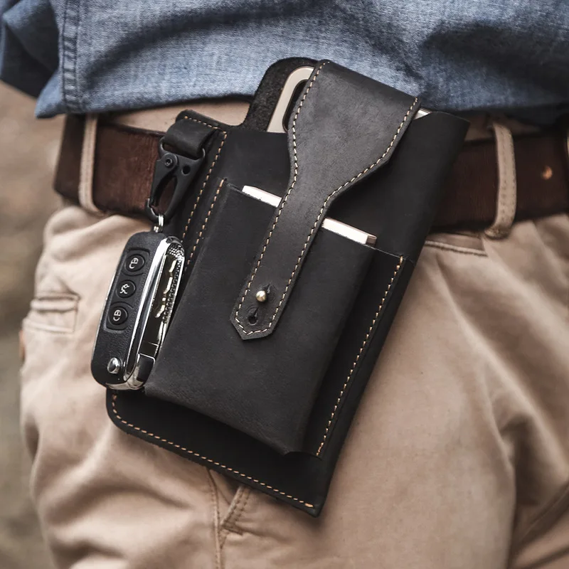 Men's Retro Wild Horse Leather Phone Bag Belt for Men High-end Leather Outdoor Sports Tactical Belt Bag