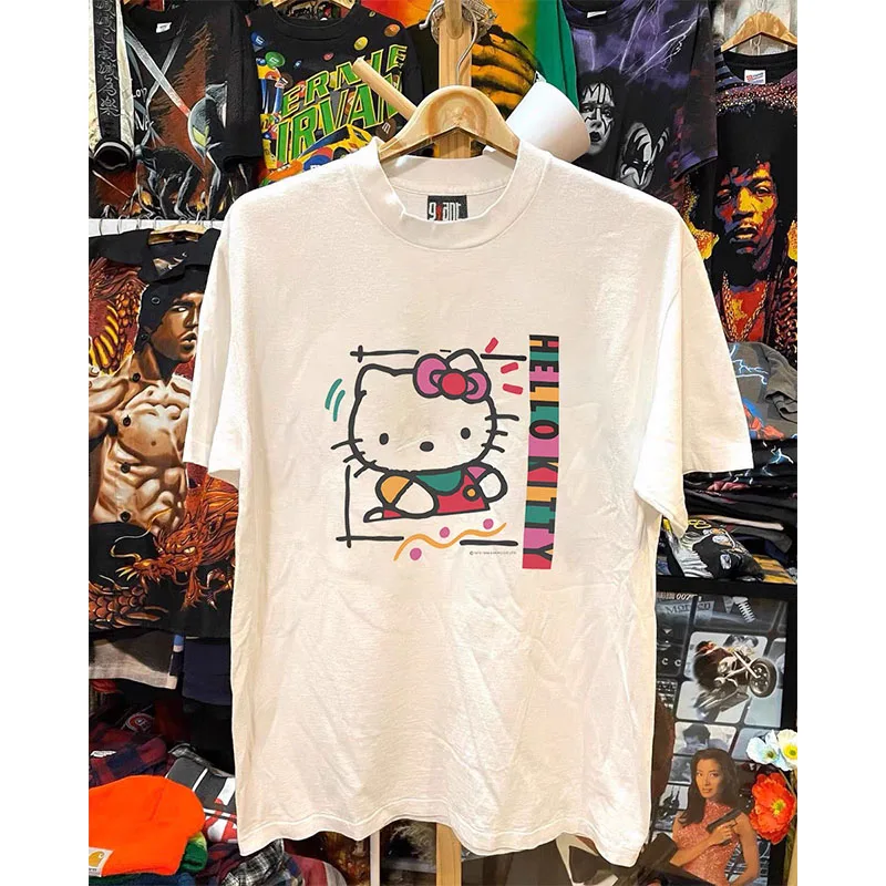 New Hello Kitty Summer with Short Sleeves Couple Model for Men and Women Y2K Pure Cotton Fabric T-Shirt Kitten with A Headdress