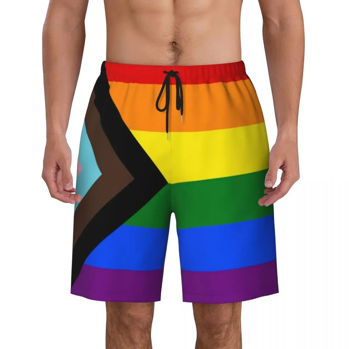 Custom LGBT Progress Pride Flag Swim Trunks Men Quick Dry Board Shorts Gay Pride Swimwear Suits Boardshorts