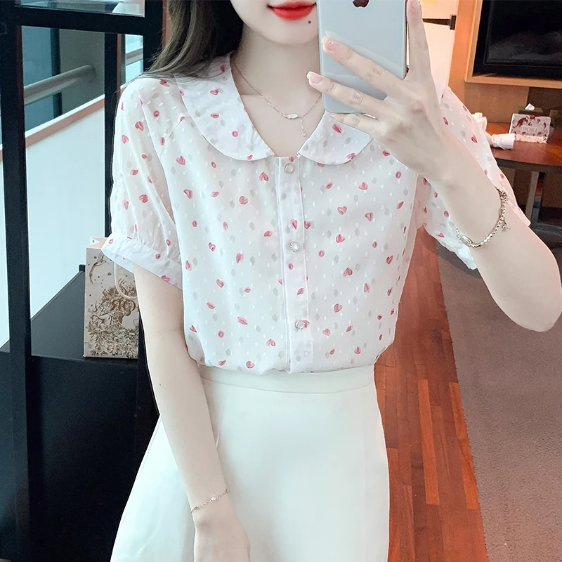 Summer Short Sleeve White Top Female Elegant Fashion Heart Shape Printed Shirts Woman Luxury Casual Loose Blouse For Women Mq90