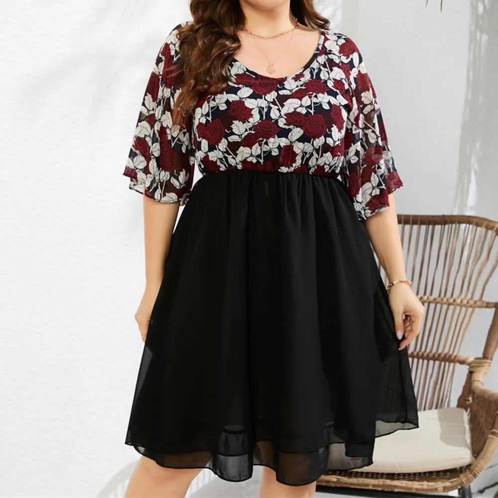 2024 Plus Size Women Dresses Fashion Rose Print Chiffon Splicing Short-sleeved Dress Temperament Elegant Casual Summer Dresses