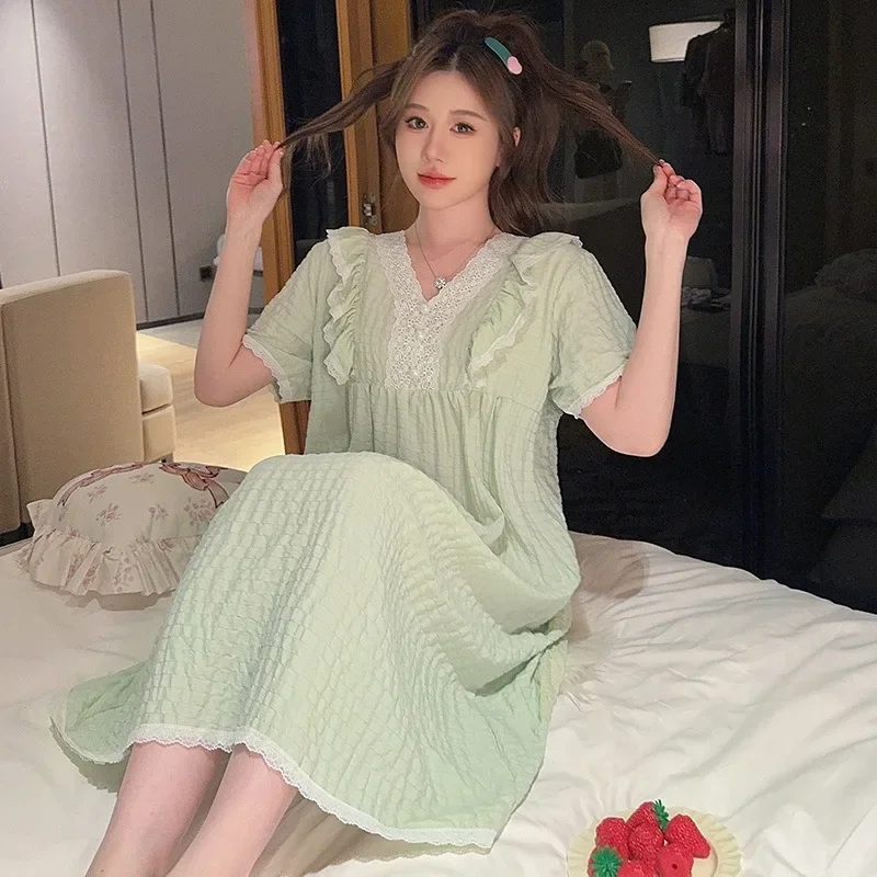 5XL Plus Size Summer Home Clothes Women's Cute Sweet Pajamas Princess Style Medium-length Sleep Dress Loose-fit Thin Nightgown