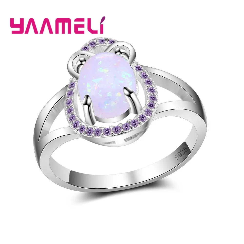 Women Girlfriend Festival Present Many Purple Flowers+Oval Opal Good 925 Sterling Silver Color Finger Rings Jewelry Anel