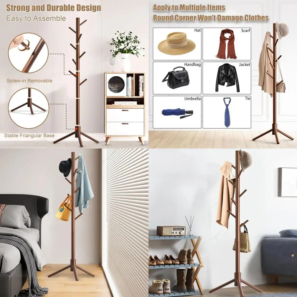 

8-Hook Wooden Coat Rack Stand, Adjustable Tree for Hats, Coats, and Accessories, Ideal for Home or Office (Brown)