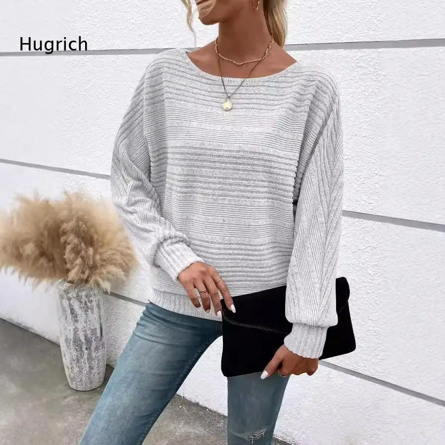 Women Gray Striped Knit Pullover Wide Neck Batwing Long Sleeve Oversized Casual Sweater view 2