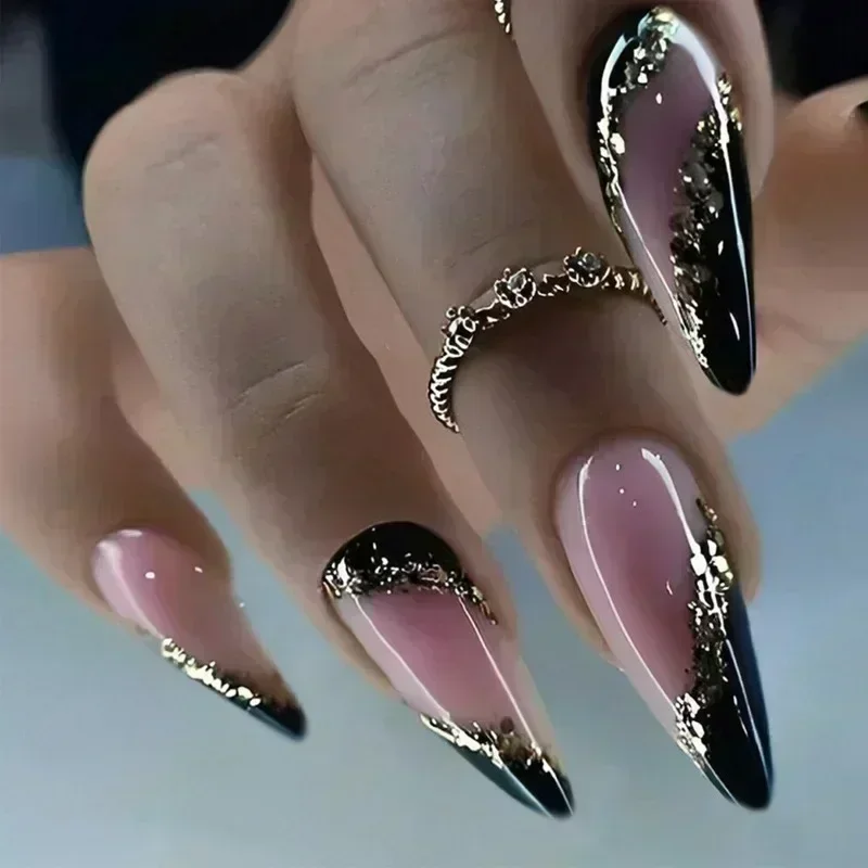 24 szt. Lukier sztuczne paznokcie migdałowe ze złotym brokatem wzory francuski Rhinestone Manicure szpilki sztuczne paznokcie zestaw naciśnij na paznokcie