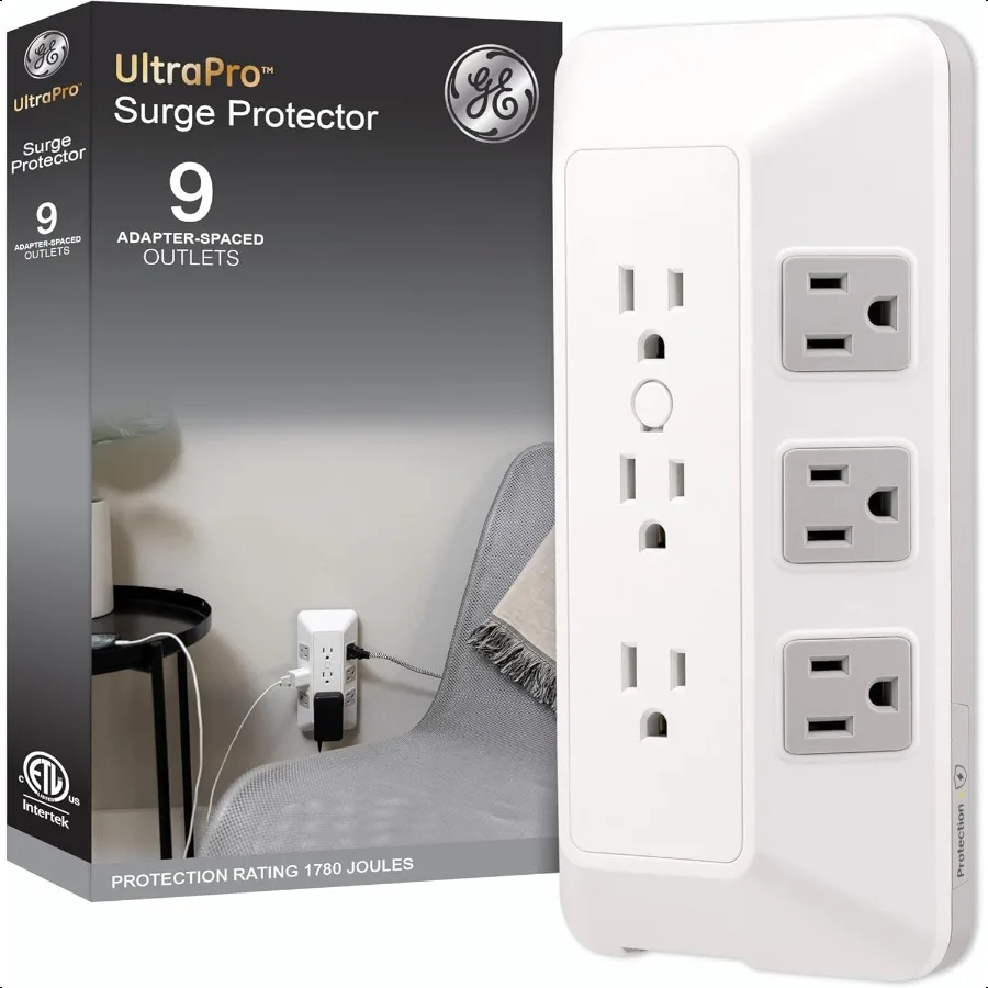 

9Outlet Sur Protector Multi Plug Outlet Extender Wall Tap Adapter Spaced for Home School and Office 1780 Joules White Gray 7362