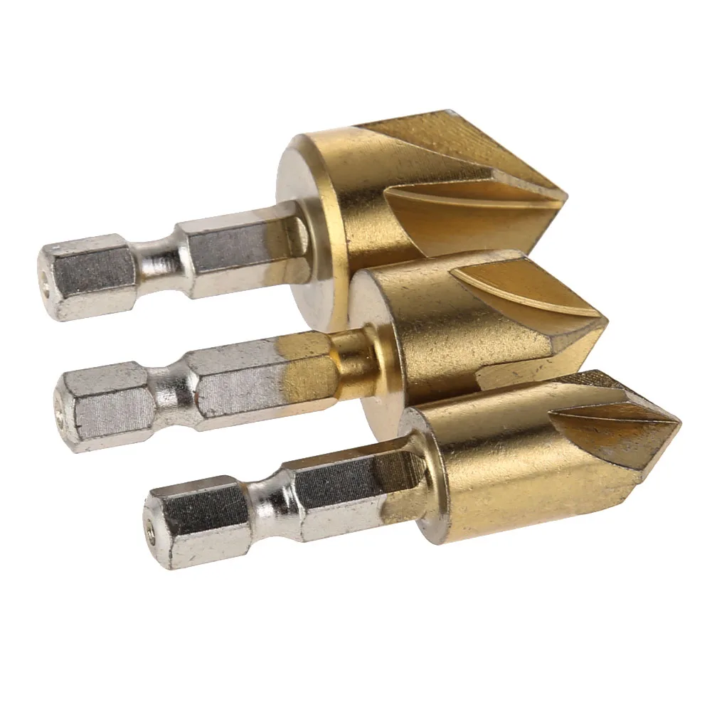 3 PCS Countersink Drill Bit Set 90 Degree 5 Flute 1/4 Inch Hex Shank HSS Hex Chamfer Boring Drill for Wood Metal Plastic