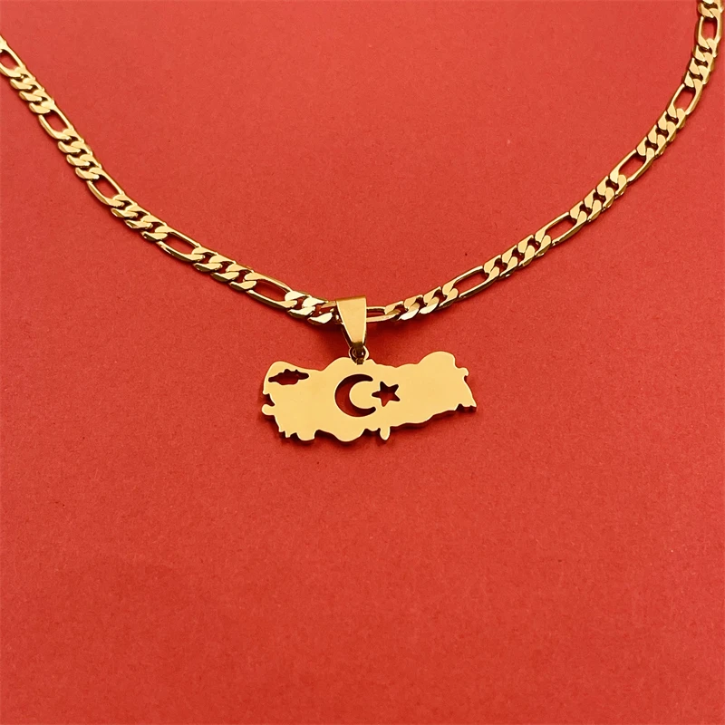 Gold Türkiye Map Star Moon Pendant Necklace Stainless Steel Hollow out National Style Commemorative Jewelry for Men and Women