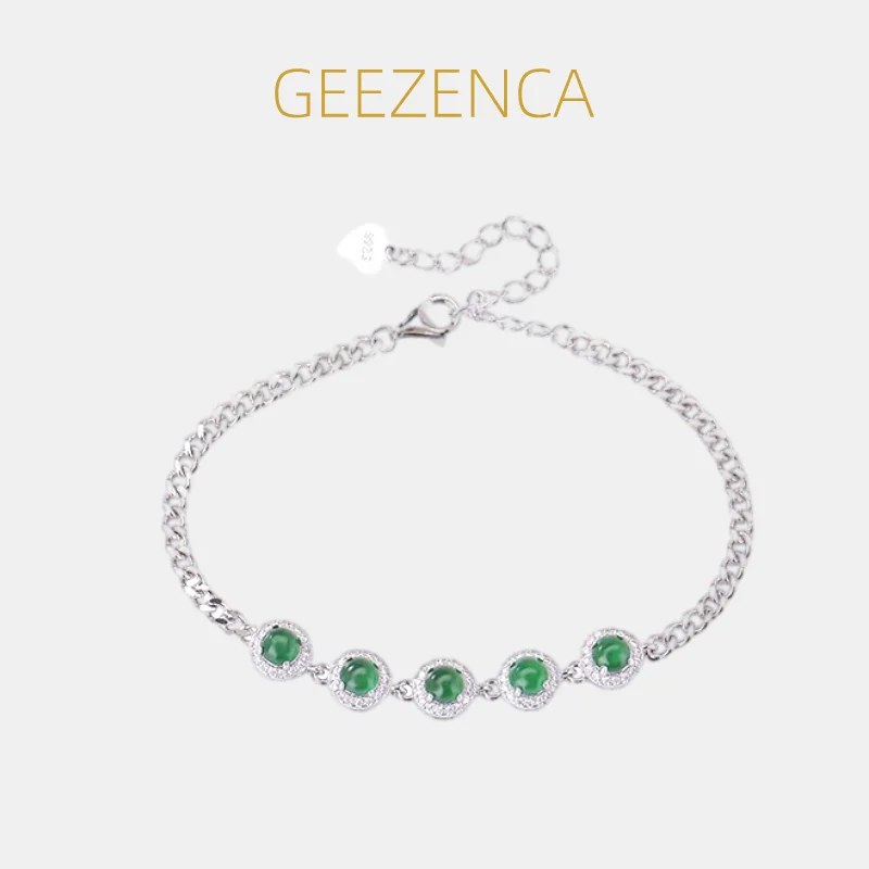 

GEEZENCA 925 Sterling Silver Natural Jadeite Station Bracelets Women Trendy Dainty Luxury Chain Link Bracelet Party Gift For Her