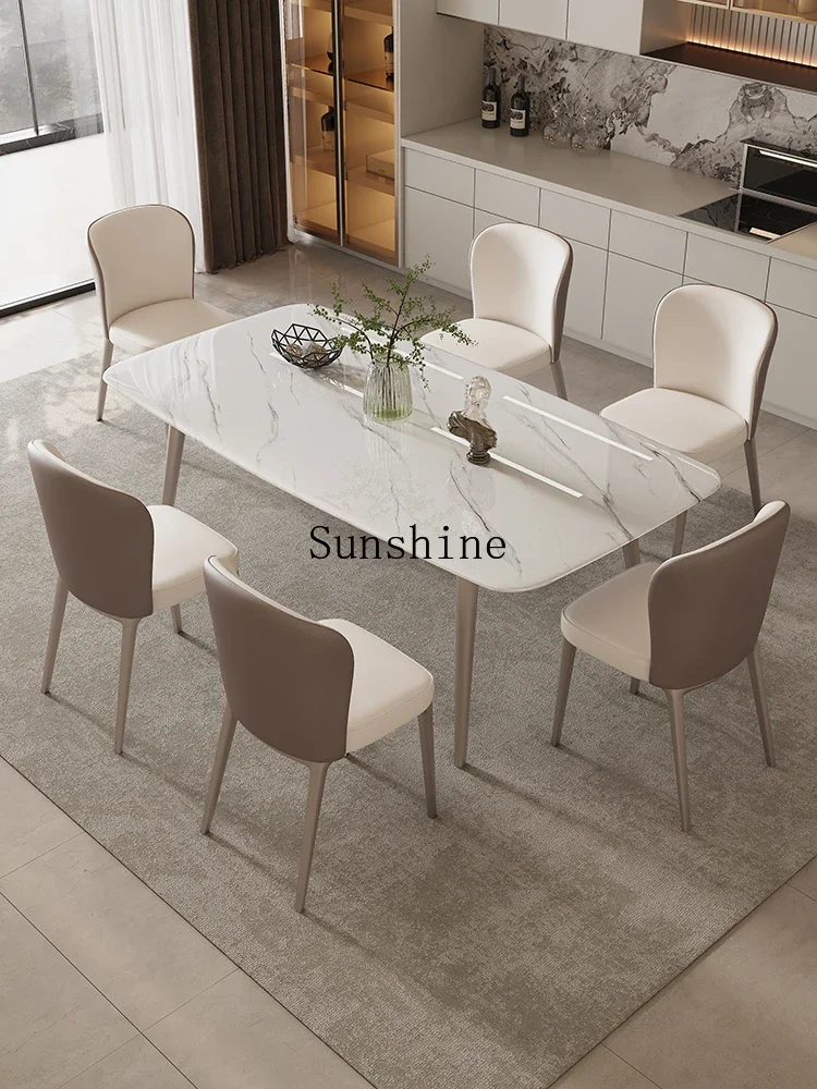 Dining table and chairs light luxury living room household cream style marble surface modern simple rock slab dining table