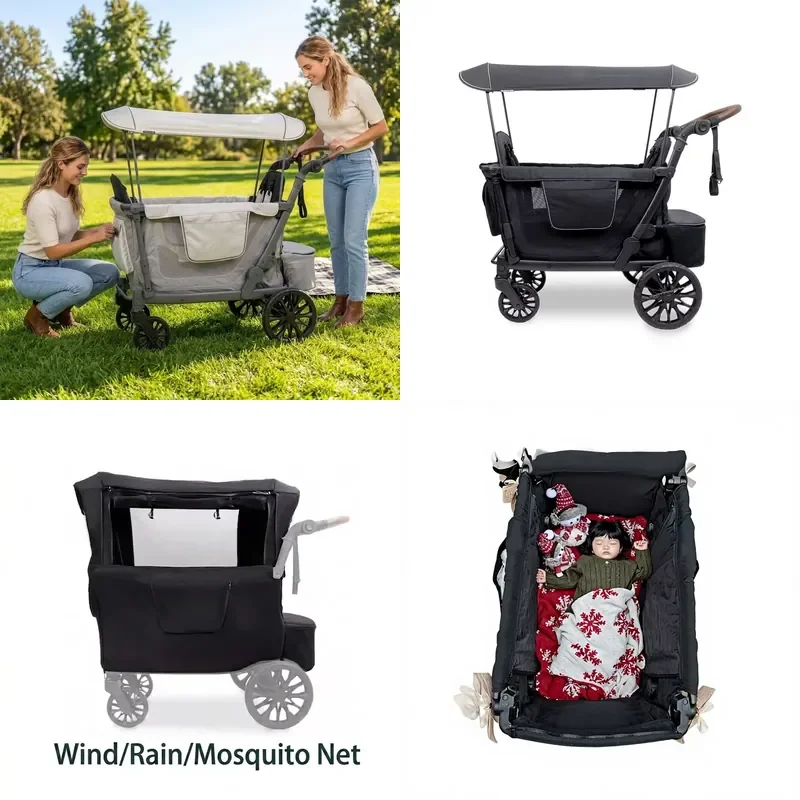 Camping Stroller for Kids, Outdoor Foldable Seat & Lie-Down Camp Cart with Windproof Design