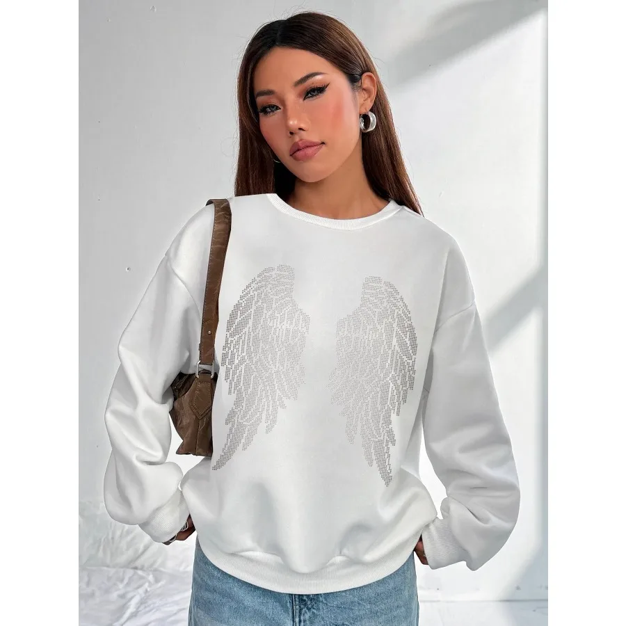 

Women Basic Casual Pullover Spring Autumn Long Sleeve White Round Neck Printed Tee