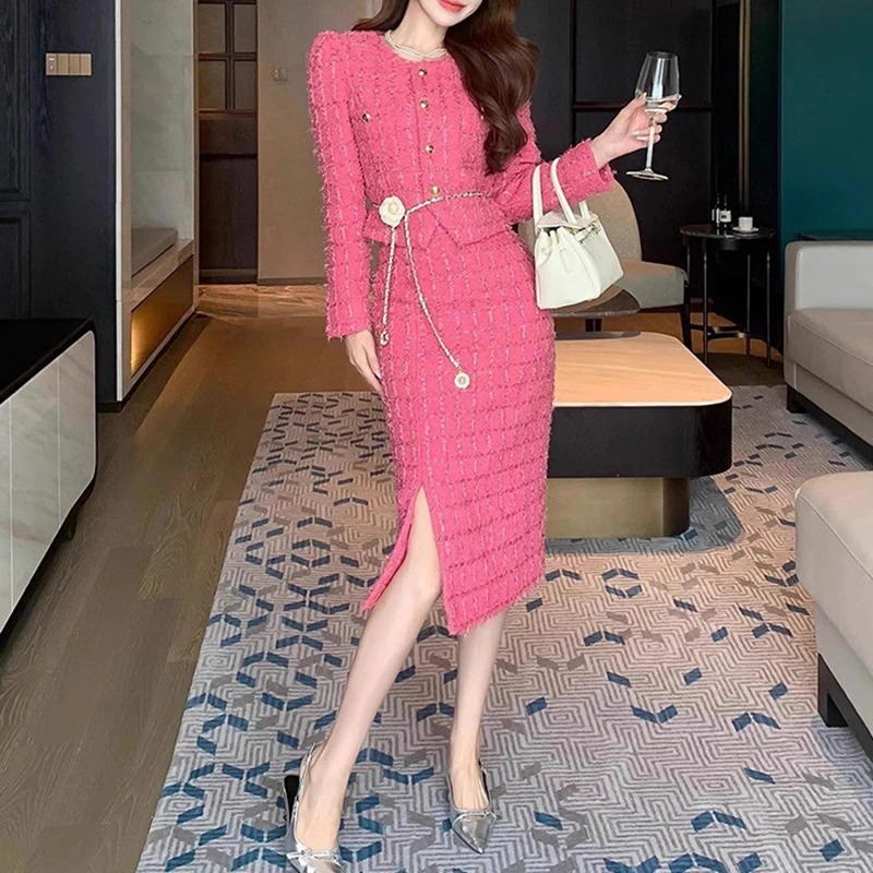 Women Fashion Two-piece Set New High-end Feel Tweed Suit Dress Set Autumn Winter Tweed Style Split Skirt Two-piece Set Suit