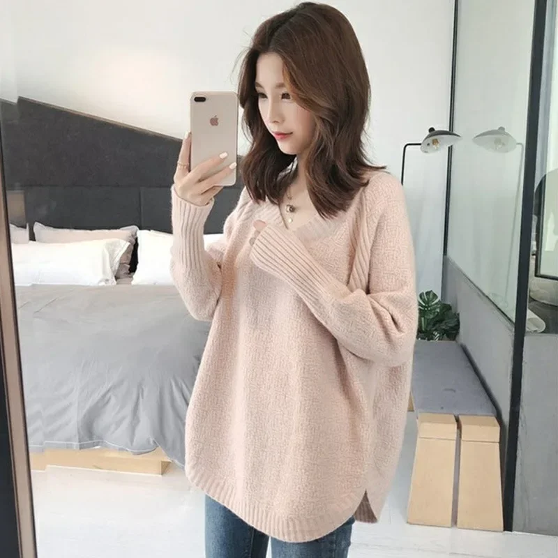 

Women's Loose Fit Outerwear Knit Top Long Sleeve Spring Season Clothing Thickened V-neck Idle Style Pullover Sweater