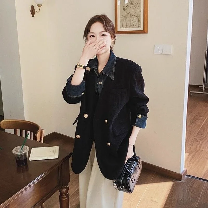 Women 2025 Autumn Winter Black Corduroy Blazer Korean Retro Office Commute Loose Denim Patchwork High End Suit Jacket