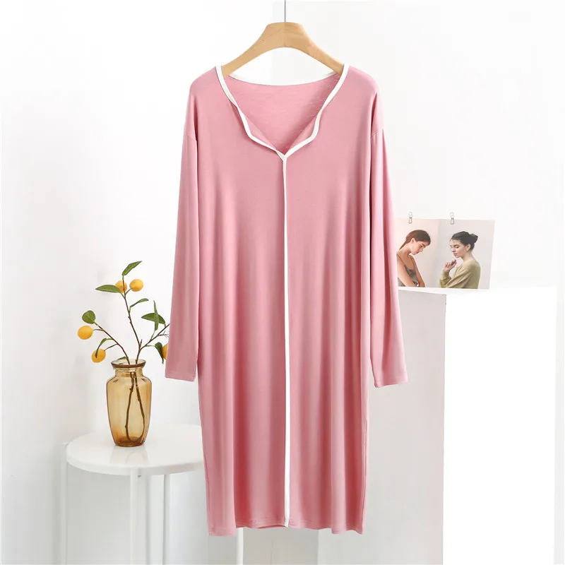 Plus Size Nightgowns Women Modal V-Neck Long-Sleeved Nightdress Spring Summer Loose Fashion Matching Color Home Dress M-3XL