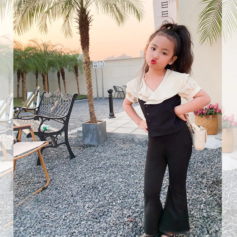Girls' Set Summer Outfit New French Style Small Temperament Style Big Collar Top+slim Fit Pants for Children's Clothing Set