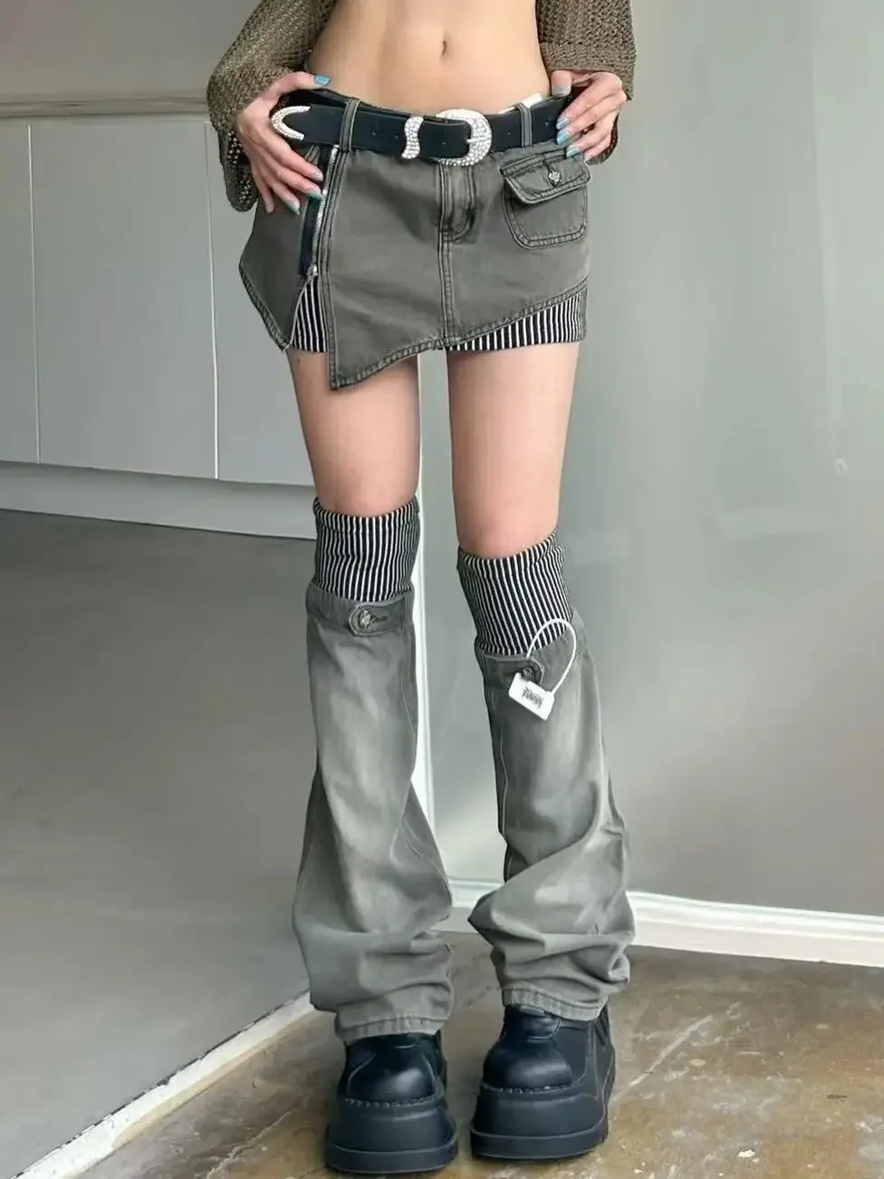 American retro patterned patchwork denim suit half skirt women Y2K irregular short skirt leg cover two-piece set for wearing