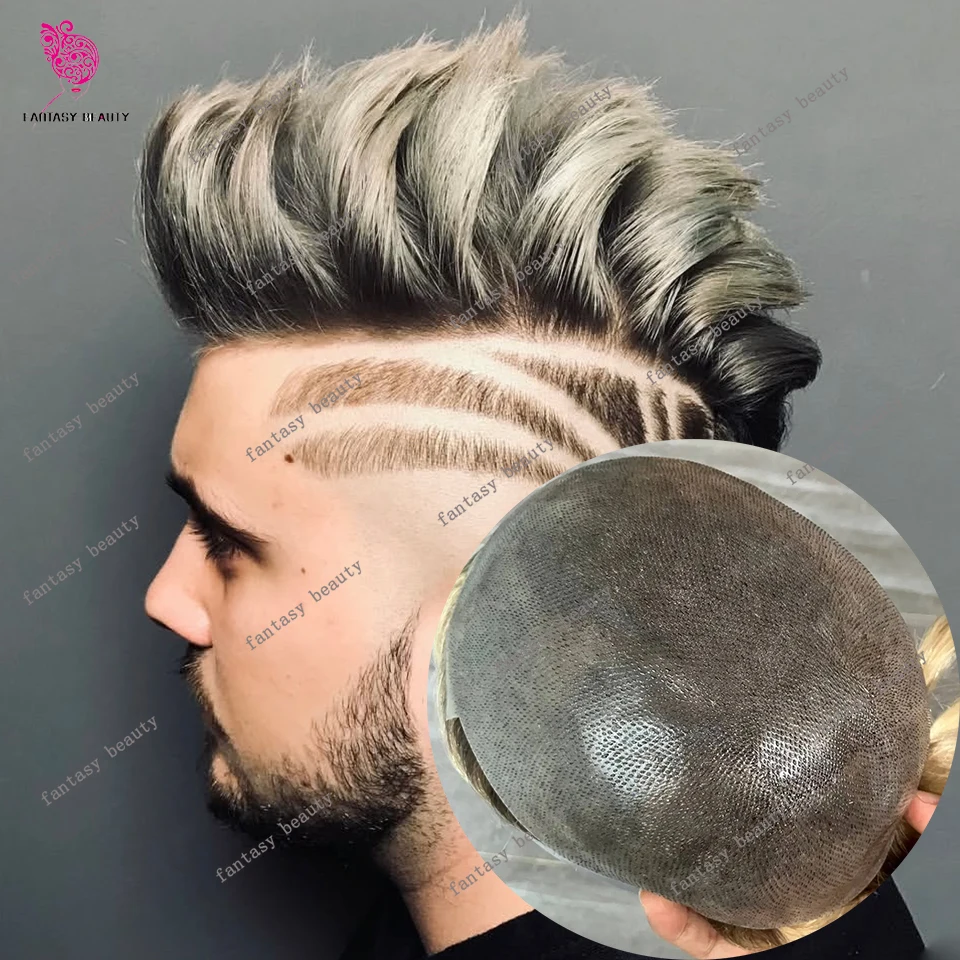 

Ультратонкая невидимая кожаная протезная основа 0,06 мм 4T/613 # Мужской парик-накладка омбре блонд с серыми и черными оттенками, 100% натуральные человеческие волосы, протез для волос для мужчин