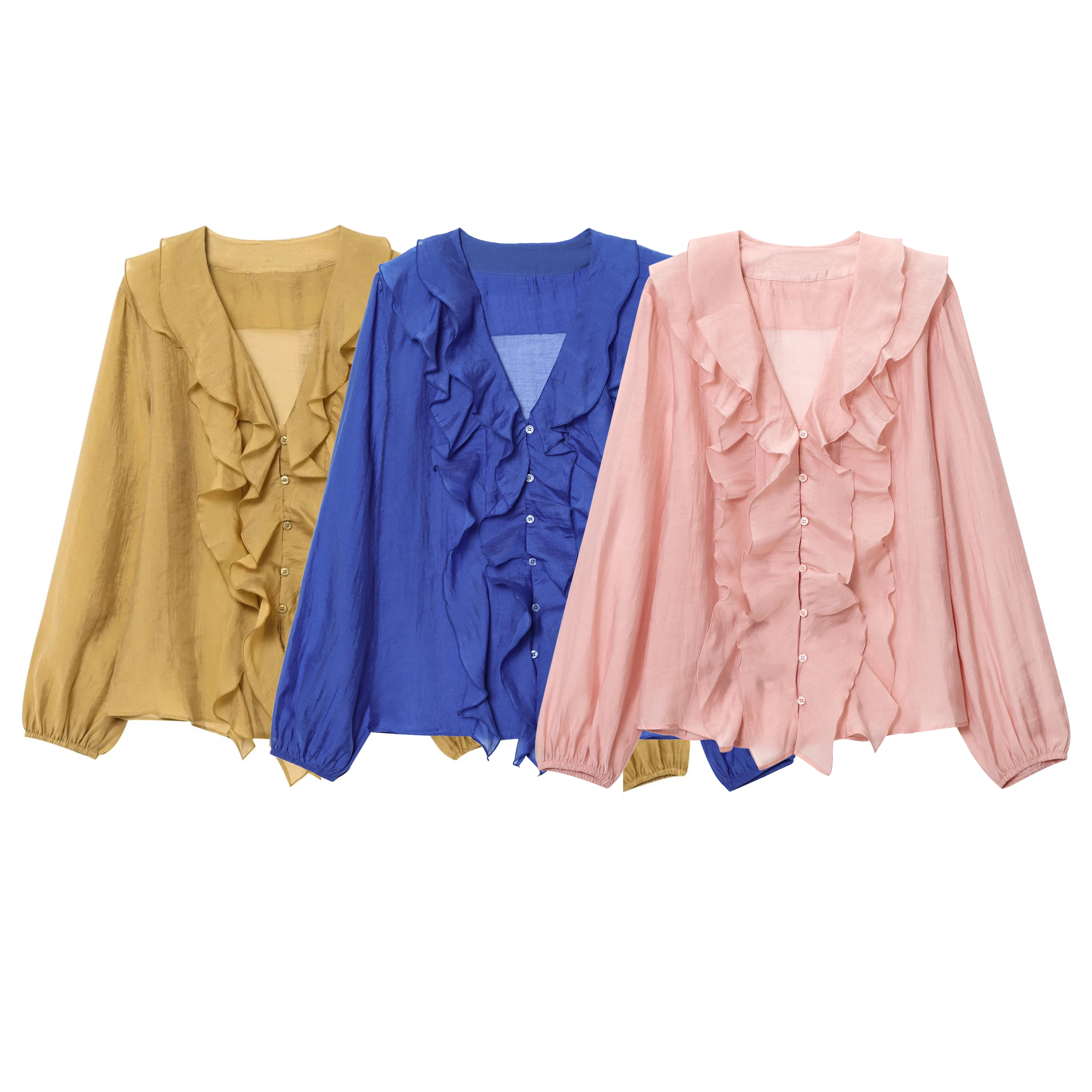 

Women's Autumn New Style French Ruffle Edge Shirt V-Neck Layered Design Sweet Commuting Temperament Long Sleeved Top