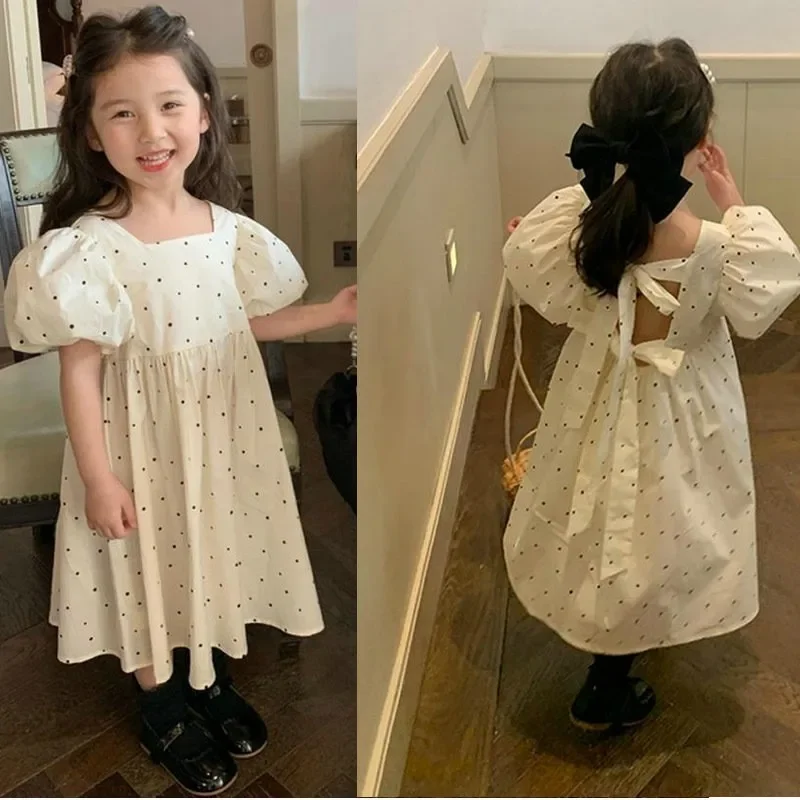 Summer Baby and Girls Cotton Dots Printed Puff Short-Sleeved Lace Up Backless Dresses Kids Outfit Children Sweet Skirt 2-8 Yr